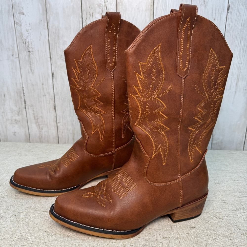 IUV Brown Faux Leather Western Cowboy Boots Women's 6 Embroidered Pull‎ On